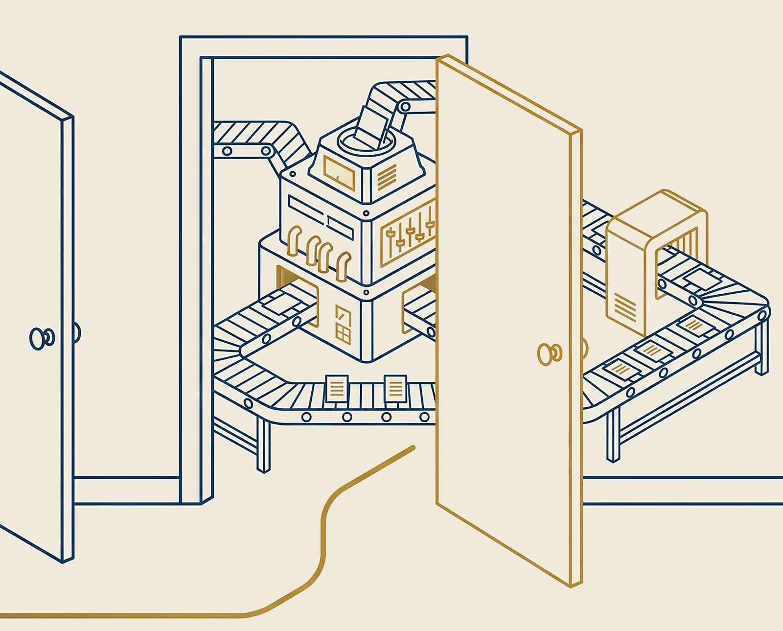 A drawn doorway standing open at the end of a route, the chosen path stroked in gold