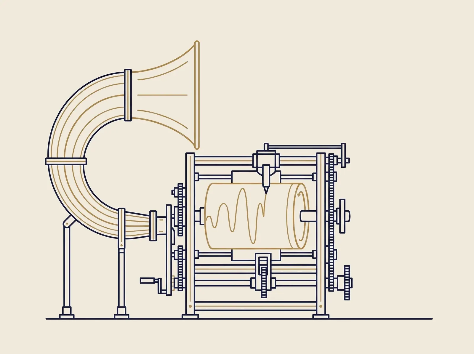 A drawn listening machine: a brass horn feeds a recorder inscribing onto a rotating cylinder, one line marked in gold
