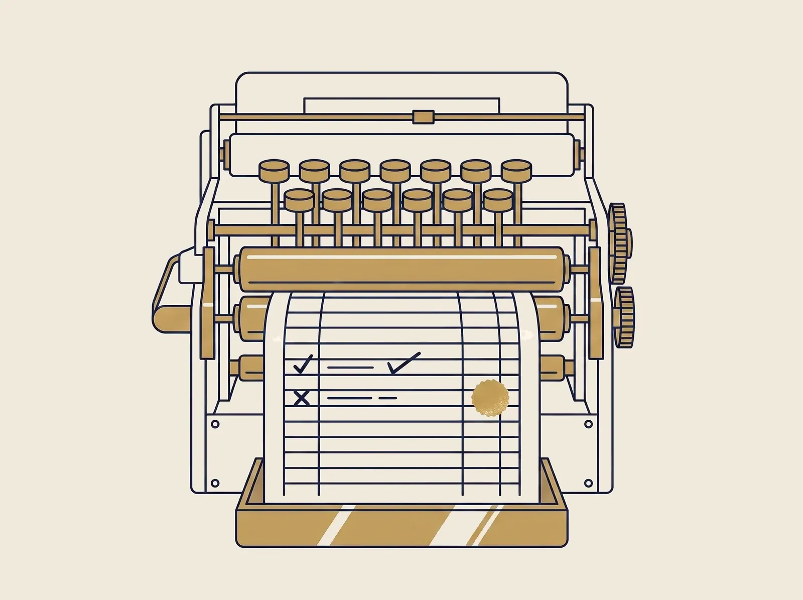 A drawn read-back printer producing a ledger sheet with two entries marked, one carrying a gold seal