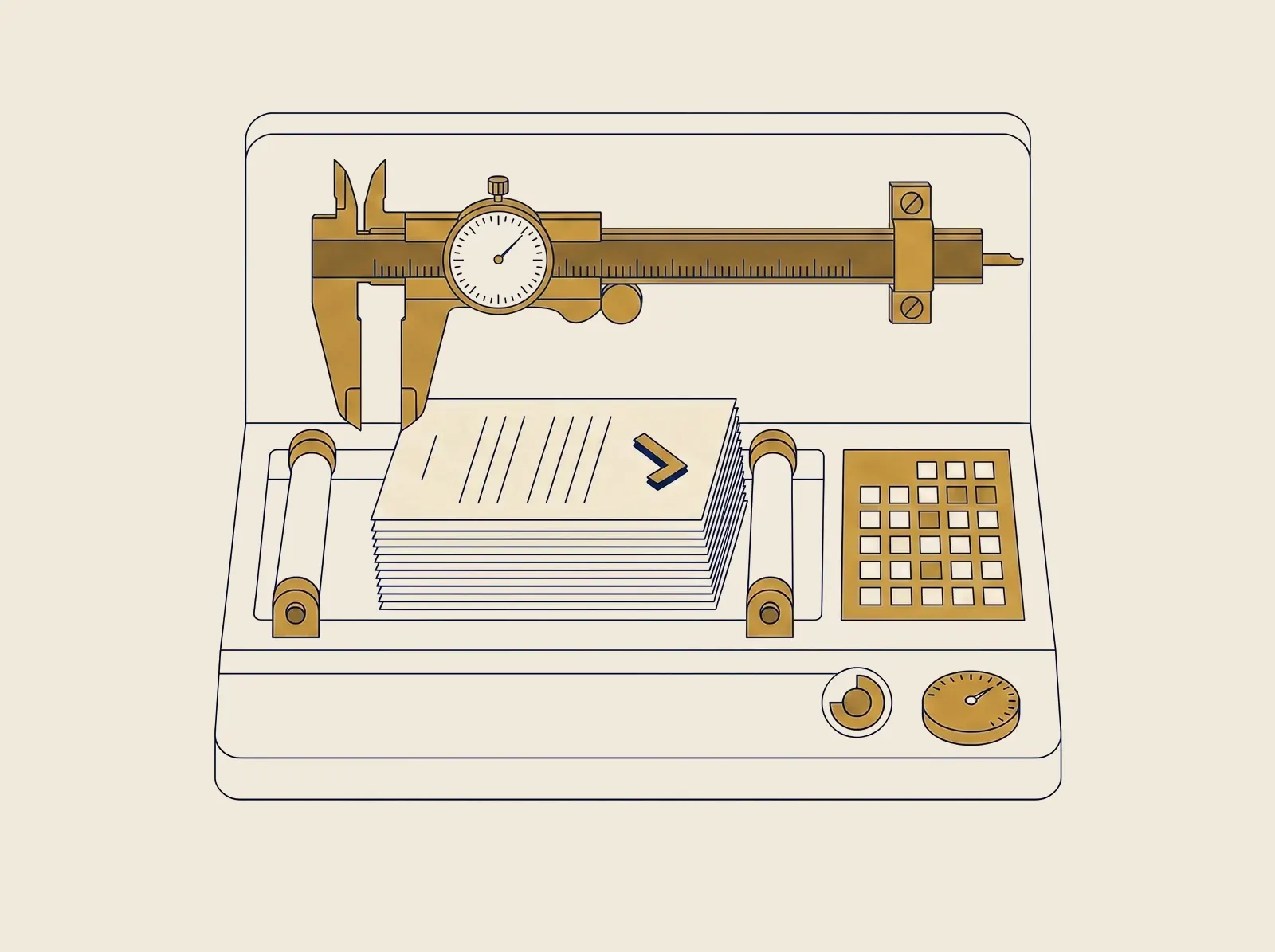 A drawn measuring bench: calipers and a dial gauge over a document stack, one matrix cell filled in gold
