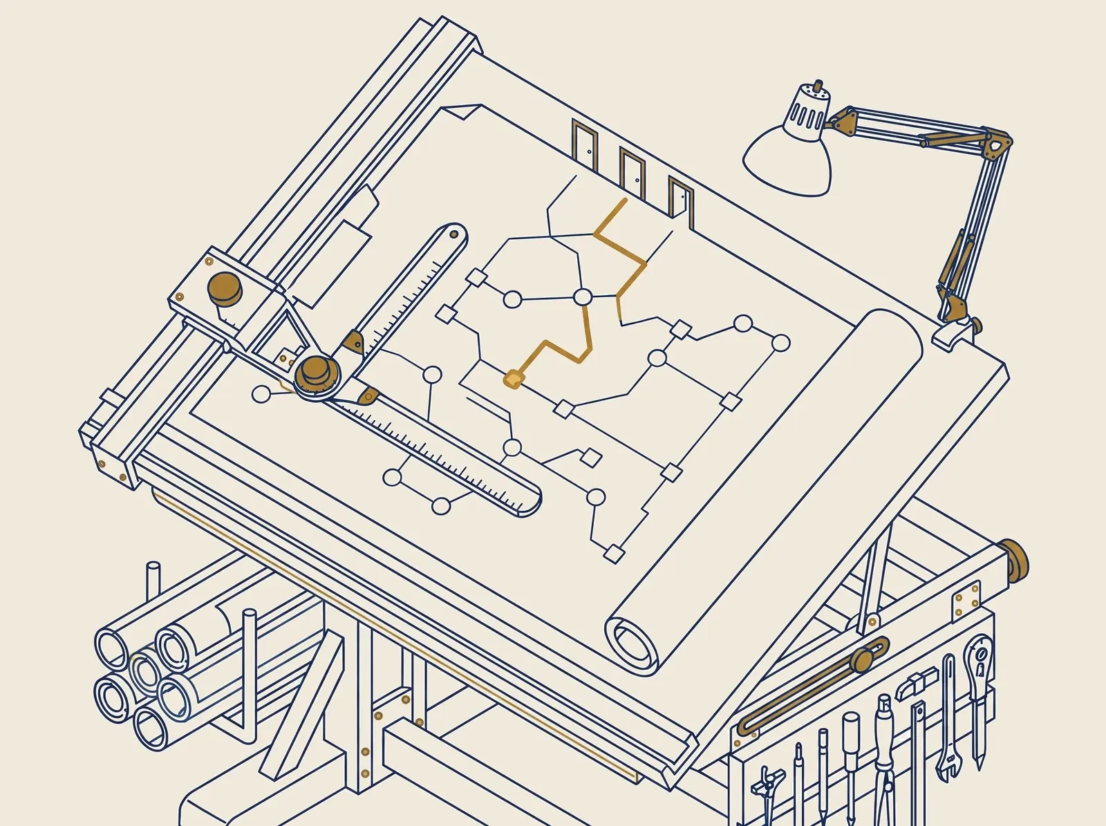 A drawn drafting table holding a route map, the chosen route stroked in gold toward three small doorways