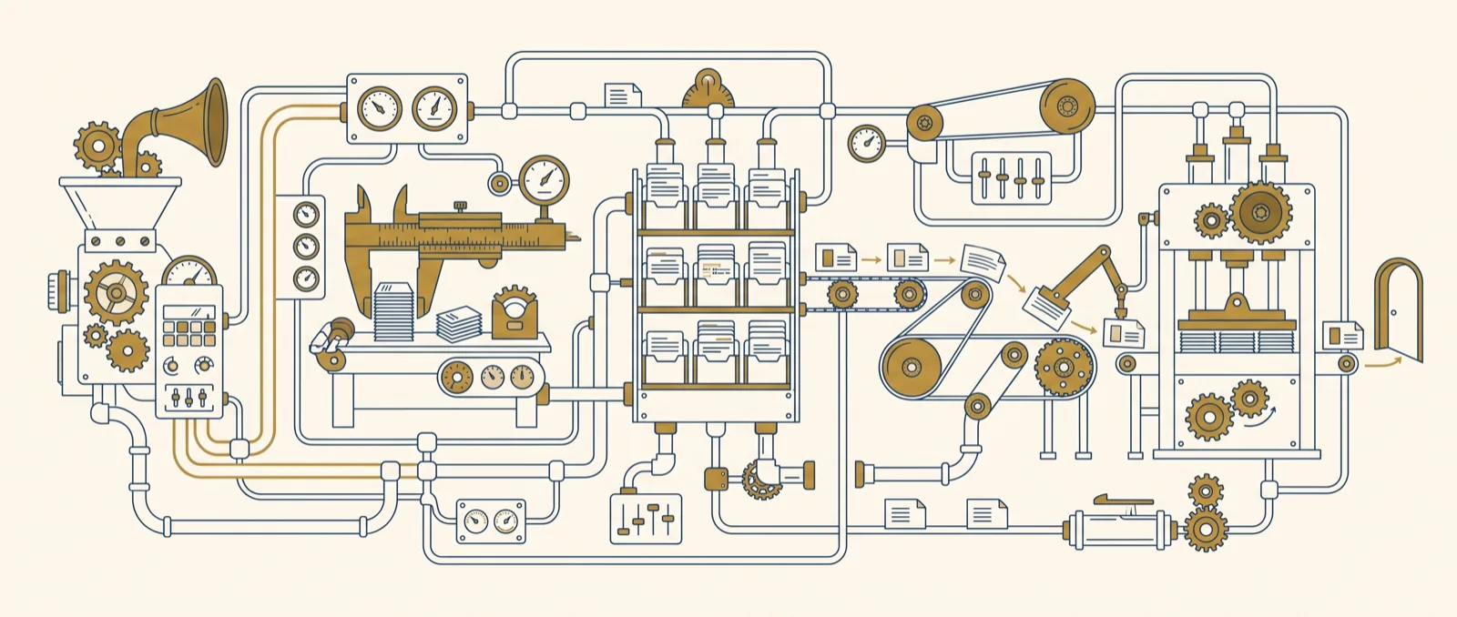 A drawn territory of a business's workflows: an intake horn, an estimate bench, filing racks, conveyors, and a stamping press joined by routes, with one gold route running station to station toward an open doorway
